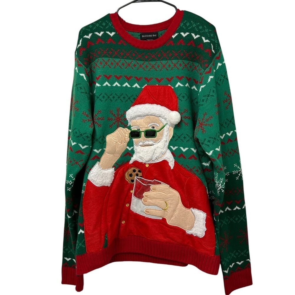 Blizzard Bay Ugly Christmas Sweater featuring Santa Claus, Green & Red, Size XL